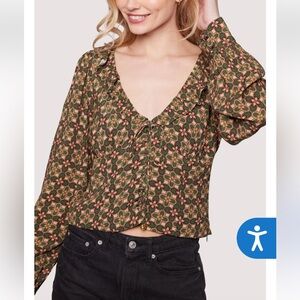 Lost + Wander Pinnate Leaves Top Blouse, Ruffled V-Neck, Tie Up Front Medium NWT